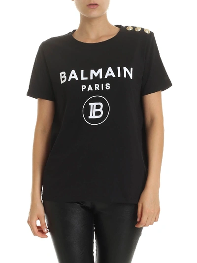 Shop Balmain Black T-shirt With White Flock Logo