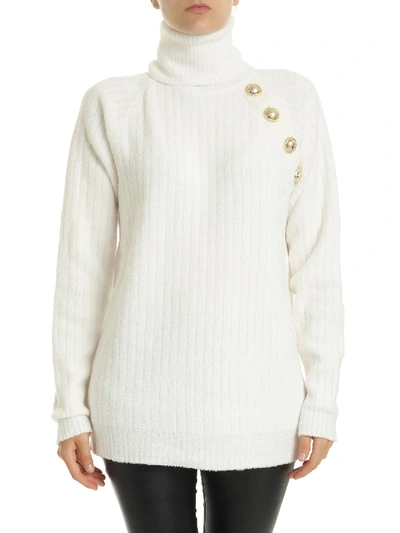 Shop Balmain Cream-colored Turtleneck With Decorative Buttons In White