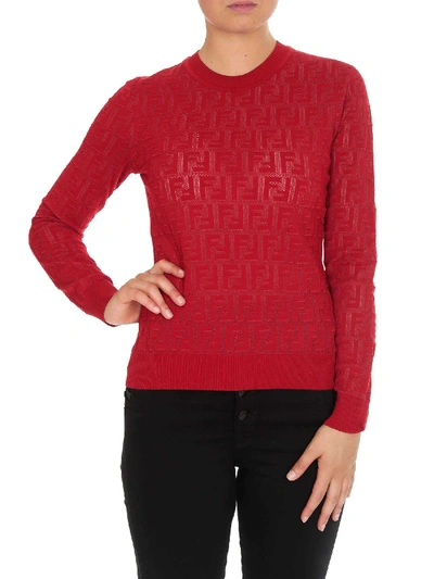 Shop Fendi Red Sweater With Tone-on-tone Embossed Ff Motif
