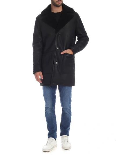 Shop Dondup Black Coat With Fur Collar