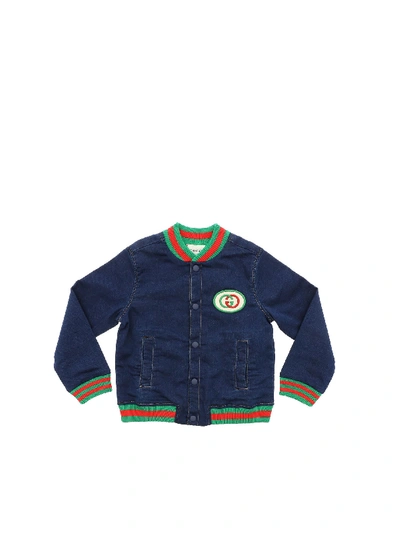 Shop Gucci Blue Denim Bomber With Patch