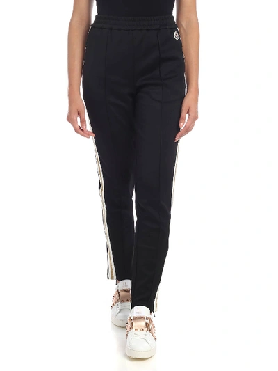 Shop Moncler Black Trousers With White And Golden Bands