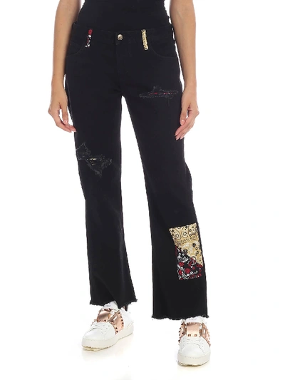 Shop Alanui Black Denim Trousers With Silk Patches