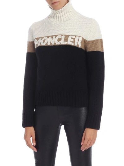 Shop Moncler Turtleneck Pullover In Cream Color And Black