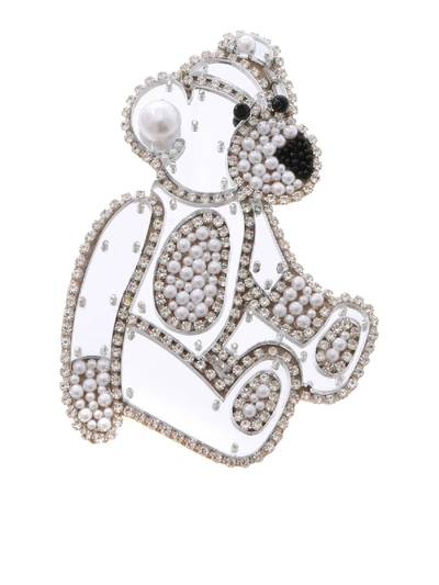 Shop Vivetta Teddy Bear Brooch In Rhinestones And Beads In Silver