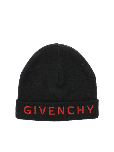 Shop Givenchy Black Beanie With Logo Embroidery