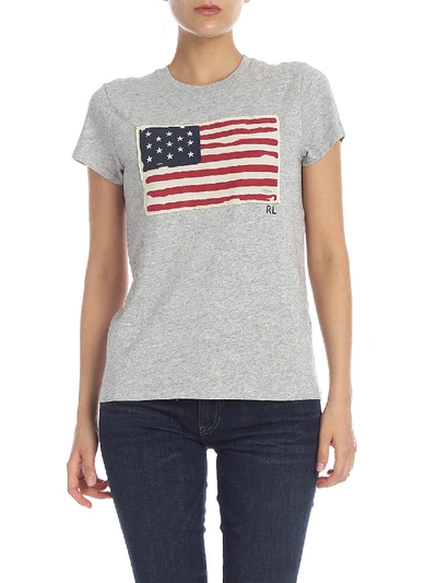 Shop Polo Ralph Lauren T-shirt In Grey Melange With Flag Patch