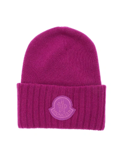 Shop Moncler Cyclamen-colored Beanie With Logo Patch In Fuchsia