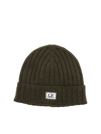 Shop C.p. Company Army Green Beanie With Logo Patch