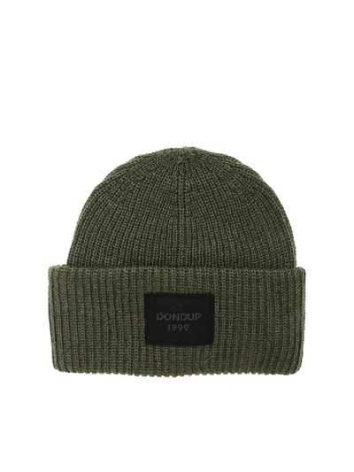 Shop Dondup Green Beanie With Logo Patch