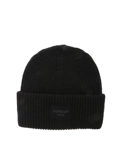 Shop Dondup Black Beanie With Logo Patch
