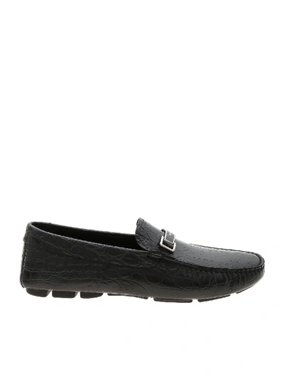 Shop Prada Black Loafers In Reptile Effect Leather