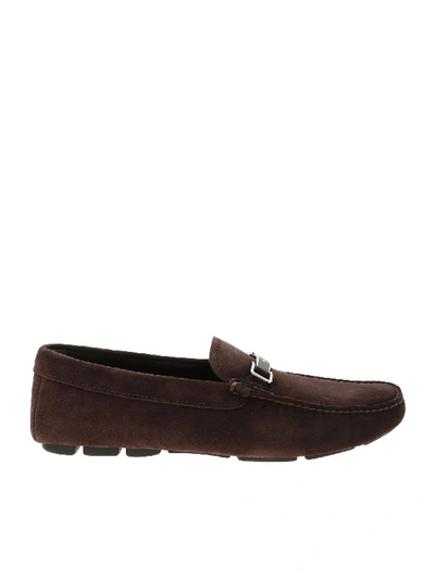 Shop Prada Loafers With Logo Plate In Brown