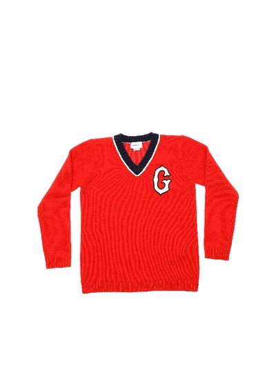 Shop Gucci Red V-neck Pullover With White G
