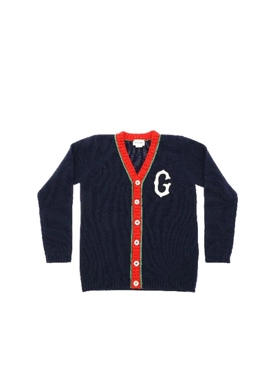 Shop Gucci Blue Cardigan With White G