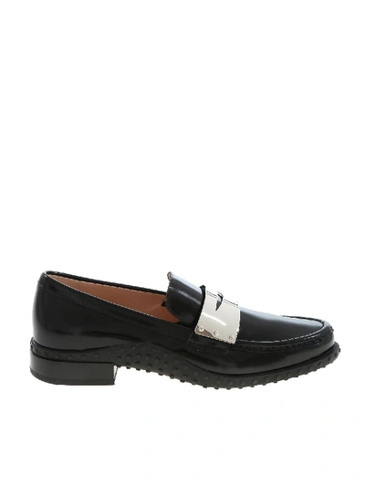 Shop Tod's Black Loafers With Metal Penny Bar