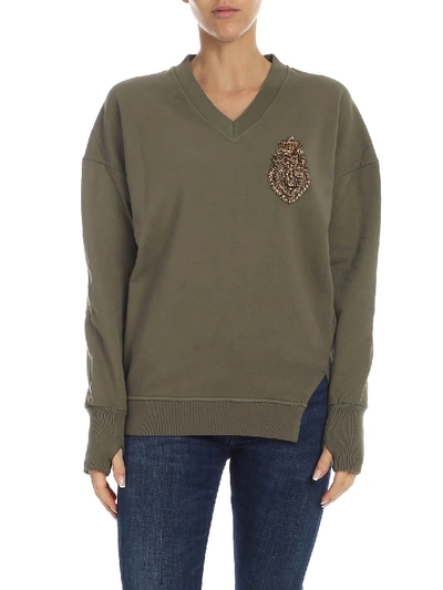 Shop Dondup Army Green Sweatshirt With Jewel Patch