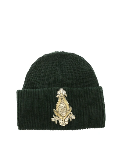 Shop Dondup Green Beanie With Golden Patch