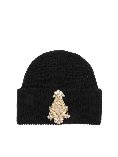 Shop Dondup Black Beanie With Golden Patch