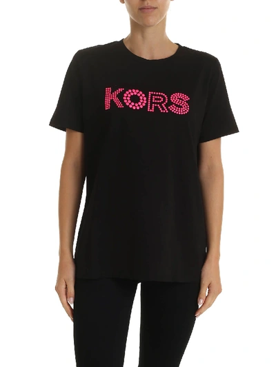 Shop Michael Kors Neon Pink Logo T-shirt In Black