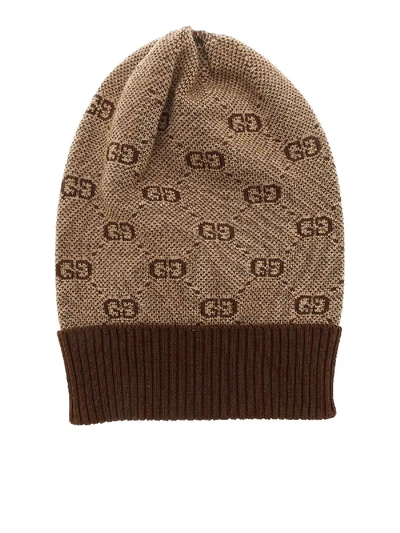 Shop Gucci Brown And Beige Beanie With Gg Motif