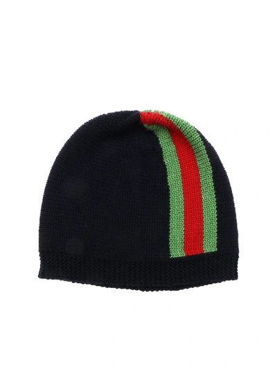 Shop Gucci Blue Beanie With Web Detail