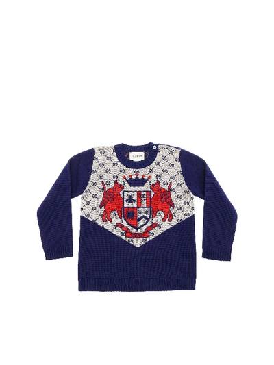 Shop Gucci Blue Crew-neck Pullover With Gg Wool Inlay