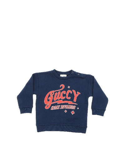 Shop Gucci Guccy Print Sweatshirt In Blue