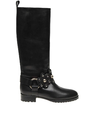 Shop Red Valentino Black Leather Boots With Flower Puzzle Detail