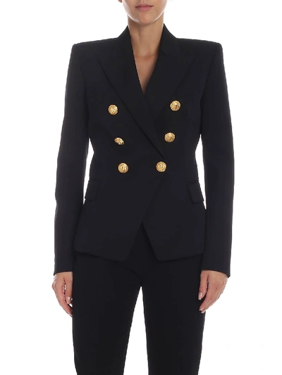 Shop Balmain Black Double-breasted Jacket With Golden Buttons