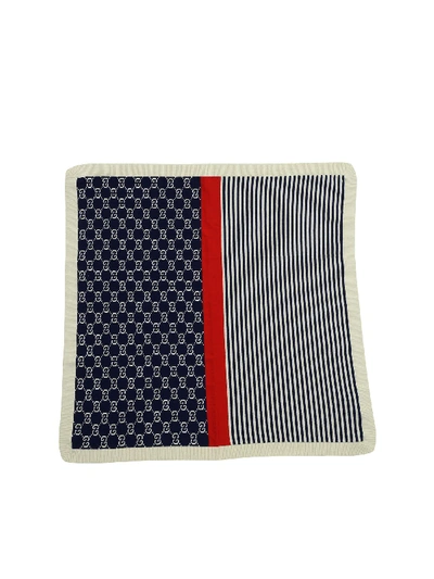 Shop Gucci Blue, Red And White Knitted Blanket