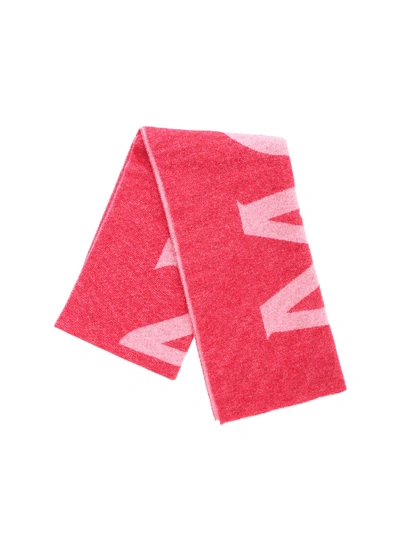 Shop Moncler Red Scarf With Pink Logo Intarsia