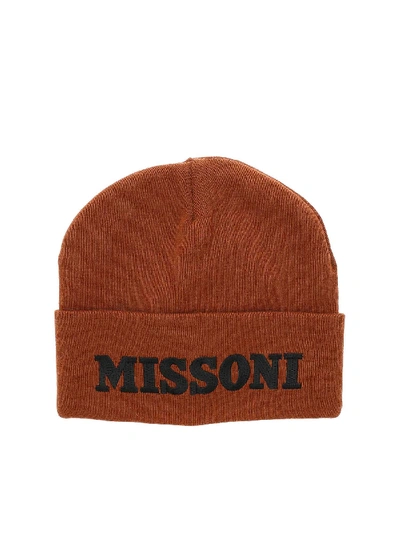 Shop Missoni Rust-colored Beanie With Logo Embroidery In Brown