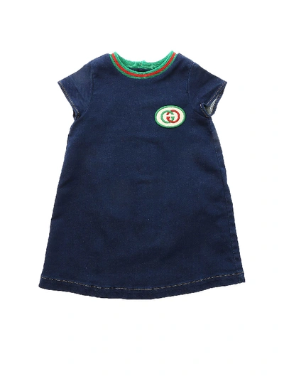 Shop Gucci Denim Dress With Green And Red Collar In Blue