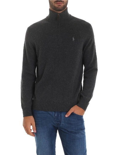 Shop Polo Ralph Lauren Grey Cardigan With Logo Embroidery