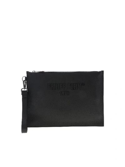 Shop Philipp Plein Black Clutch Bag With Metal Logo