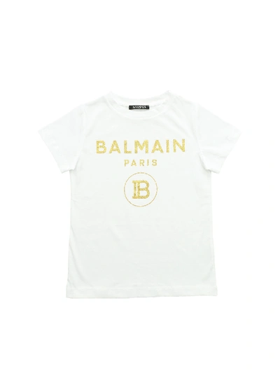Shop Balmain White T-shirt With Glitter Logo