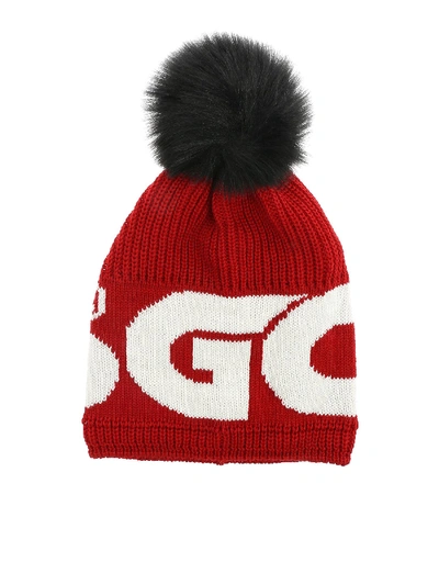 Shop Gcds Red Knitted Beanie With Black Pom Pon