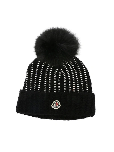 Shop Moncler Black Beanie With Pom Pon