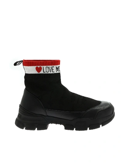 Shop Love Moschino Black Sneakers With Logo Embroidery