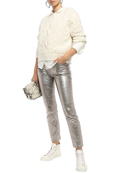 Shop Frame Metallic Leather Slim-leg Pants In Platinum