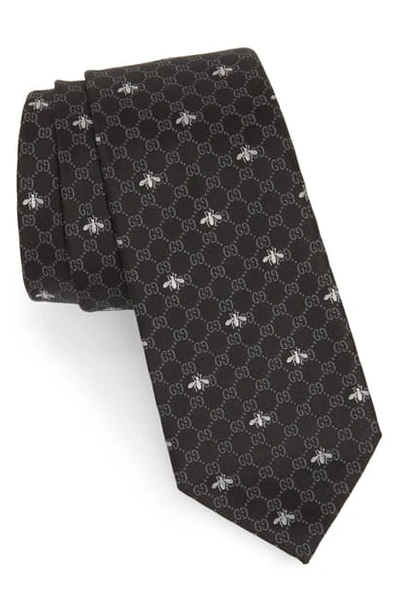 Shop Gucci Gg Bee Silk Tie In Black And Grey