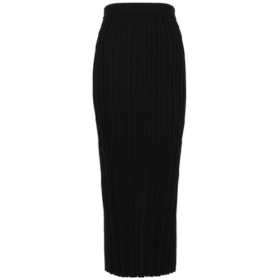 Shop Helmut Lang Black Ribbed Merino Wool-blend Midi Skirt