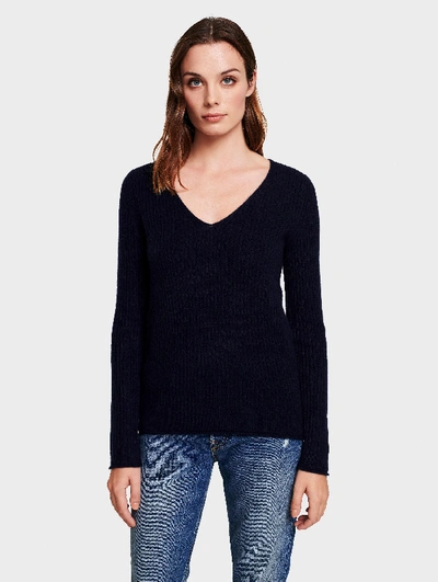 Shop White + Warren Cashmere Slim Ribbed V Neck Sweater In Deep Navy Blue