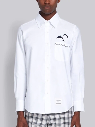 Shop Thom Browne White Oxford Jumping Dolphins Embroidered Shirt