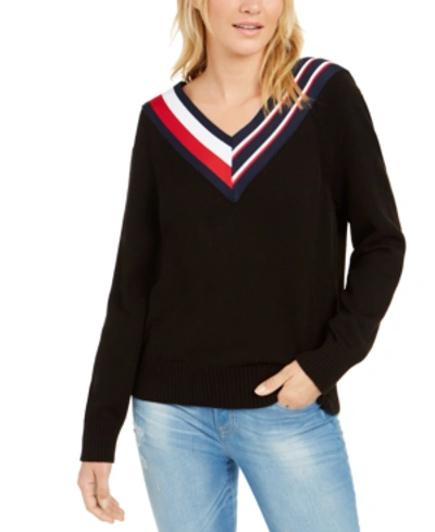 Shop Tommy Hilfiger Striped V-neck Sweater In Black