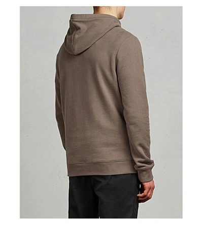 Shop Allsaints Raven Logo-embroidered Cotton-fleece Hoody In Olive Green
