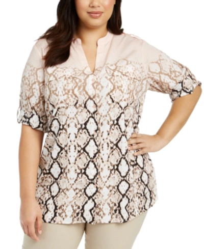 Shop Calvin Klein Plus Size Printed Utility Shirt In Blush/black Combo