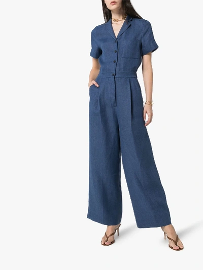 Shop Lvir Wide Leg Linen Jumpsuit In Blue