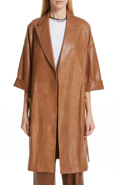 Shop Brunello Cucinelli Rope Belt Nappa Leather Coat In Luggage